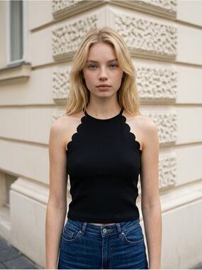 SHEIN Black Scallop-Edge Halter Crop Top